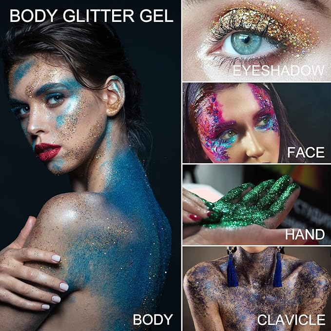Green Gold Face Body Hair Glitter Gel for St. Patrick's Day Mardi Gras Festival Rave Accessories, Long Lasting Holographic Chunky Mermaid Sequins Glitter Gel Makeup for Women Men Kids, 1oz