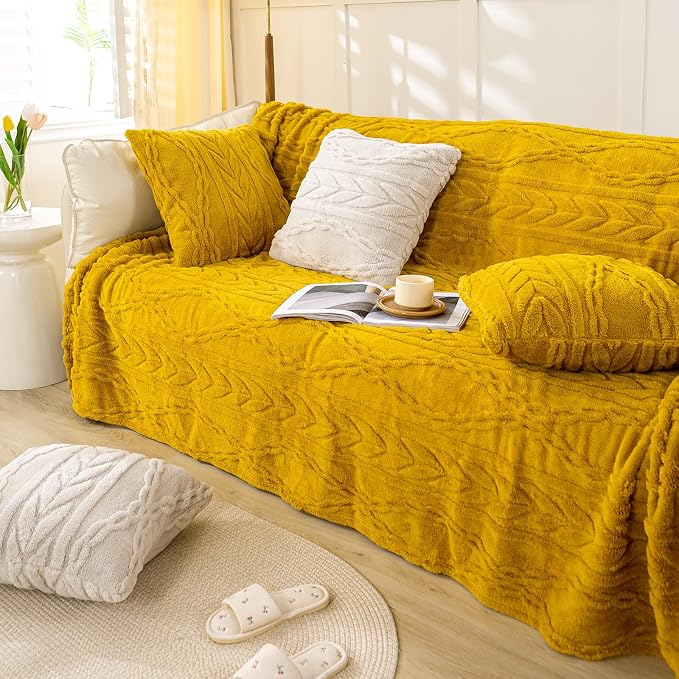 YUSOKI Sherpa Fleece Large Throw Blanket, Mustard Yellow, 50"x65" | 3D Stylish Design,320GSM, Non-Shedding, Lightweight for All Season Use, stays fluffy after repeated washes, Perfect Gifts