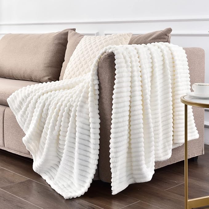 BEDELITE Ribbed Jacquard Off White Blankets Queen Size for Bed, 90x90 Inch | Soft Warm Decorative Fluffy Blanket, Cozy Fuzzy Lightweight Plush Fleece Throw Blankets for Bed, Room Decor, Gift for Women
