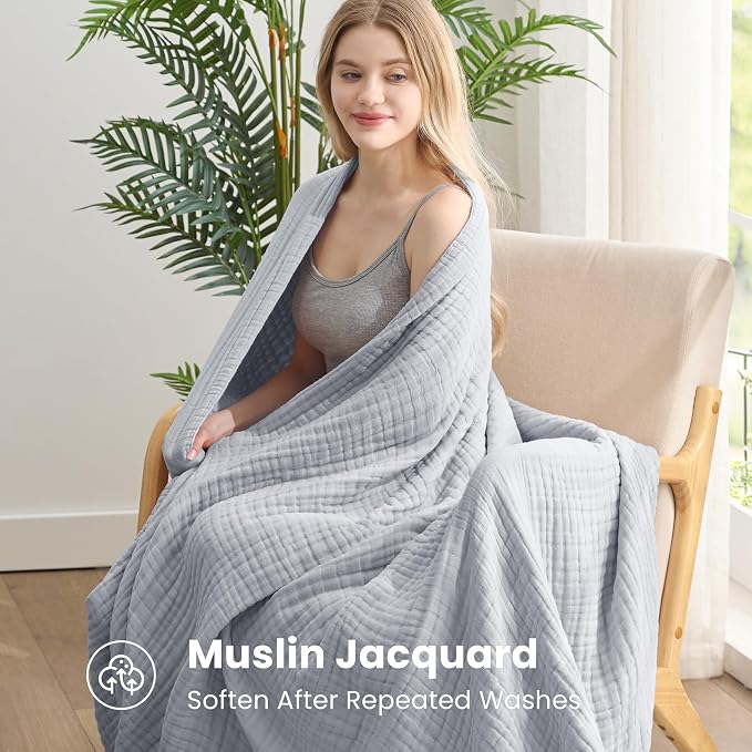 Love's cabin 100% Cotton Muslin Blanket, 6 Layer Lightweight Breathable Gauze King Size Blanket 108 x 90 Inches, Soft Summer Blanket for Bed, Light Grey