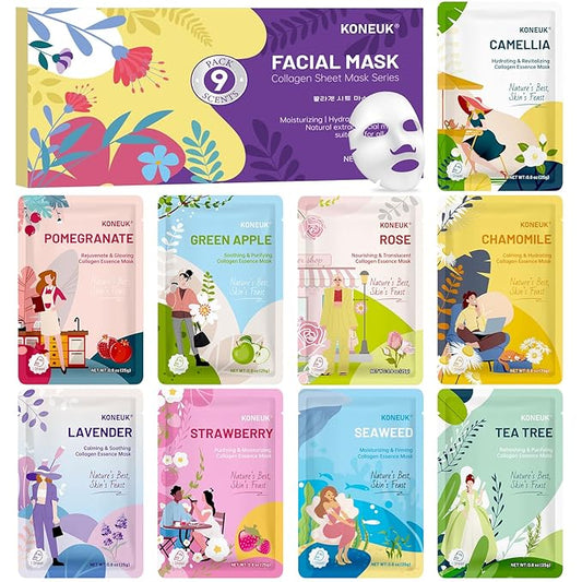 9 Pack Hydrating Face Masks Skincare, Bulk Sheet Face Mask for Dry Skin, Collagen Facial Masks Spa Gifts for Women Skin Care, Easter Basket Stuffers, Mothers Day Gifts for Mom, Teacher and Nurse Gifts