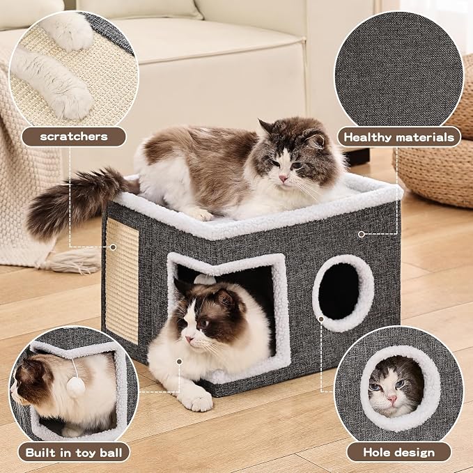 Large Cat Houses for Indoor Cats with Fluffy Ball and Scratch Pad | Foldable Cat Bed Cave for Multiple Pets, Kitten Bed for All Seasons, Non-slip, Hold Up to 30LBS, 16x16x13inch, Grey