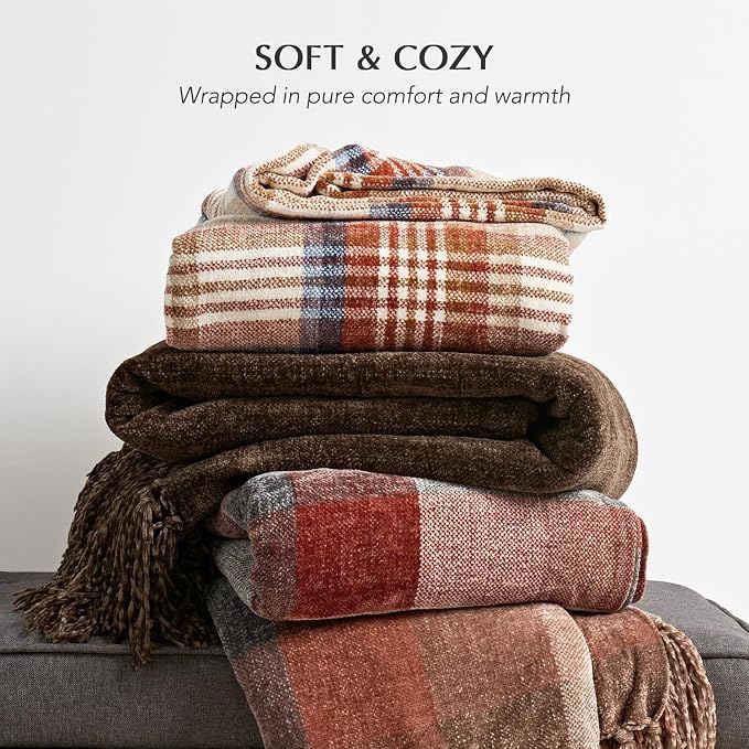 Plaid Chenille Fall Throw Blanket, 60"x80", Harvest Orange Plaid | Super Soft Knit Throw with Tassels, Cozy, Decorative Rustic Farmhouse Decor for Autumn, Ideal for Couch Bed Sofa Gift