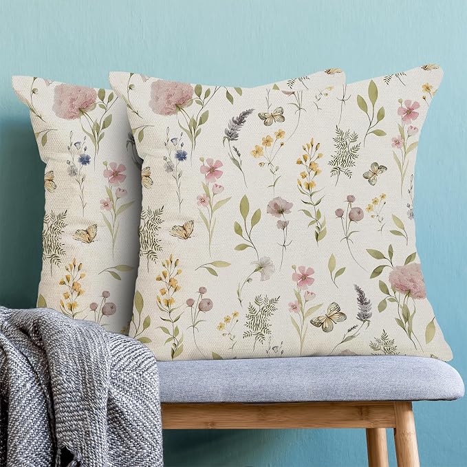 Spring Pillow Covers 20x20 Inch Set of 2, Sage Green Pink Wild Flower Throw Pillows Case,Colorful Seasonal Floral Plant Outdoor Decorative Farmhouse Decor Cushion Covers for Home Sofa Bed Couch