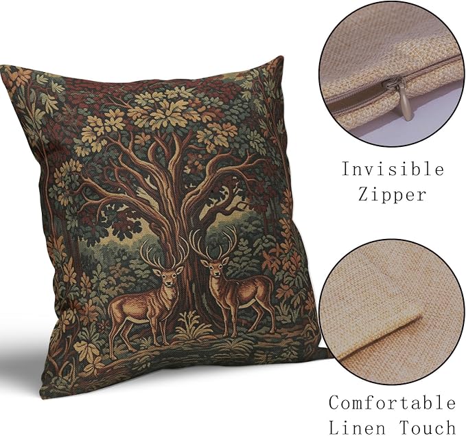 Forest Deer Pillow Covers 18X18 Inch Set of 2 Nature Burnt Orange Green Tree Animal Decorative Square Pillow Cases Aesthetic Rustic Botanical Cushion Case Farmhouse Home Decor for Sofa Couch