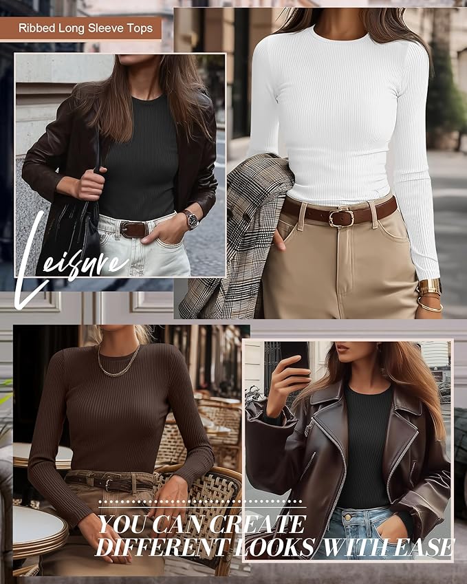Ficerd 3 Pack Women's Ribbed Long Sleeve Tops, Crew Neck Slim Fit Undershirts Knit Basic Casual Stretch Layering Tee Shirts