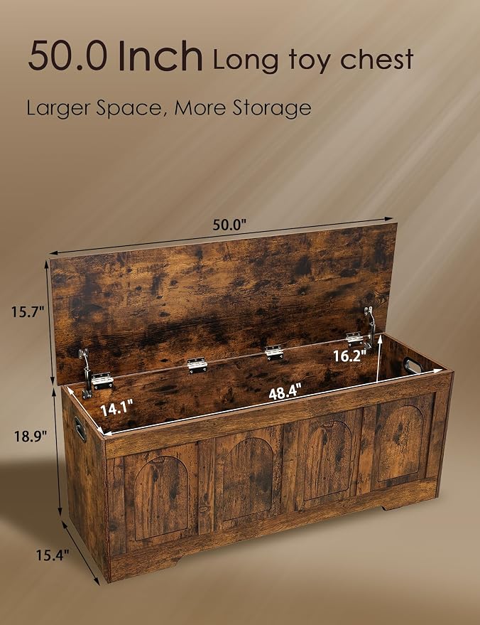 Storage Chest, Wooden Toy Box, Rustic Brown 50.0" L | Extra Large Storage Bench, 2 Soft-close Hinges, Finger-safe Flip-Top Lid, Easy Assembly, Farmhouse Trunk, Living Room/Bedroom