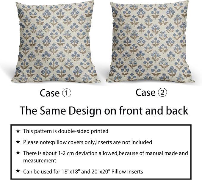 Brown Blue Floral Pillow Covers 22x22 Inch Set of 2, Vintage Flower Block Pattern Decorative Throw Pillowcases Outdoor Farmhouse Cushion Covers Spring Summer Rustic Sofa Couch Bed Decor