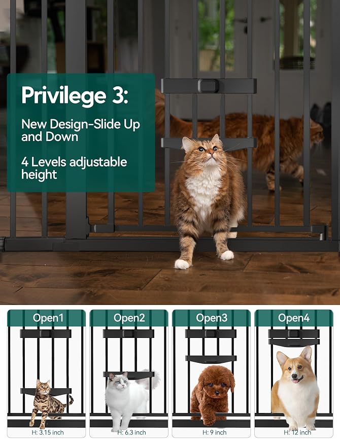 Babelio Baby Gate with Cat Door, CatPrivilege II, 29-40" | Auto Close, 6-Level Adjustable Metal Gate with Pet Door for Stairs & Doorways, Pressure Mounted, No Drilling, Black