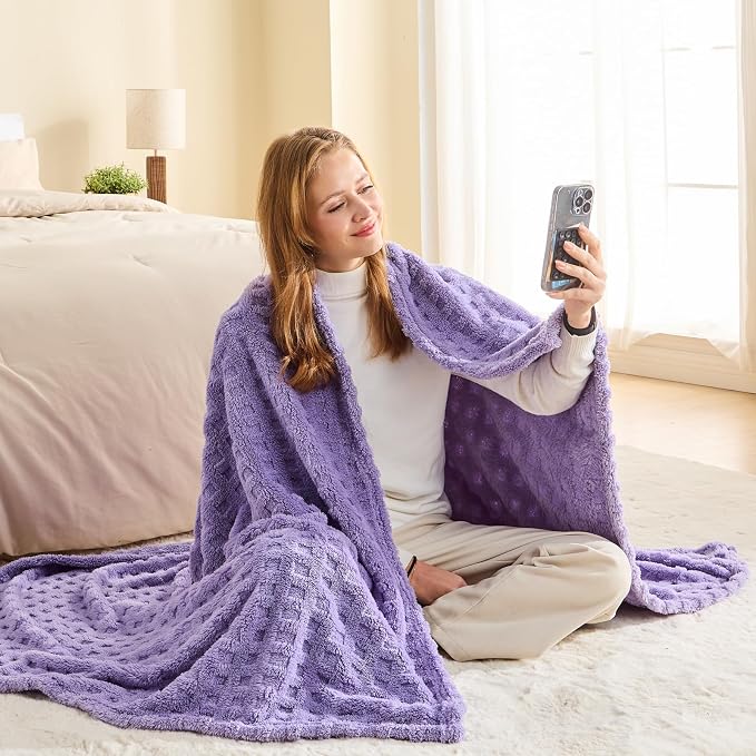 NEWCOSPLAY 3D Waffle Checkered Flannel King Blanket, Lavender, 90"x110" | Super Soft Cute Lightweight Decorative Premium Silky Fleece Blanket for Couch Sofa Bed, Gift for Women Men, All Season Use