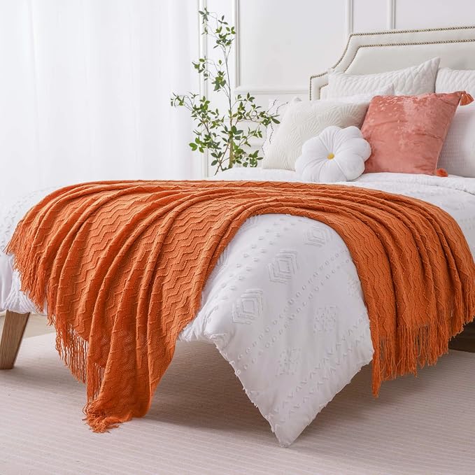 BATTILO HOME Burnt Orange Throw Blanket for Couch, Decorative Fall Throw Blanket with Tassels Halloween Throw Fall Decor, 50"x60"