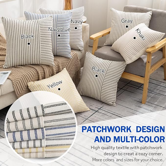 YCOLL Farmhouse Pillow Covers 16x16, Modern Accent Square Throw Pillow Covers Set of 2, Navy and Beige Striped Patchwork Linen Decorative Pillows Cushion Covers for Couch Chair Bedroom Home Decor