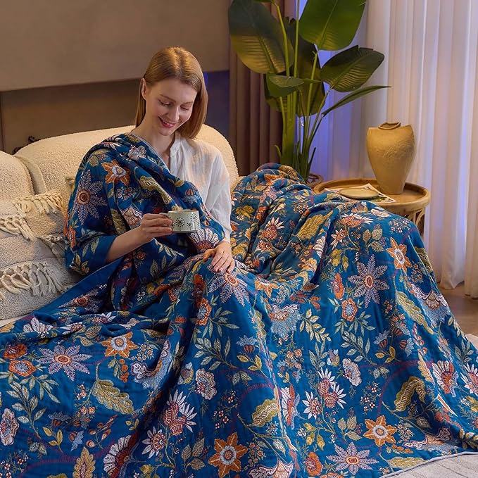 XIBLC Fall Throw Blanket for Couch, Blue Boho Decorative Throw Blanket, 100% Cotton Muslin Breathable Woven Farmhouse Blankets Quilt, 50"x60" Reversible Lightweight Blankets Bohemian Throw Quilt