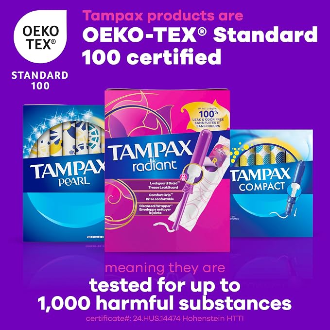 Tampax Radiant Tampons for Women, with LeakGuard Braid, Super Absorbency, Unscented, 84 Count (3 Packs of 28), Packaging May Vary
