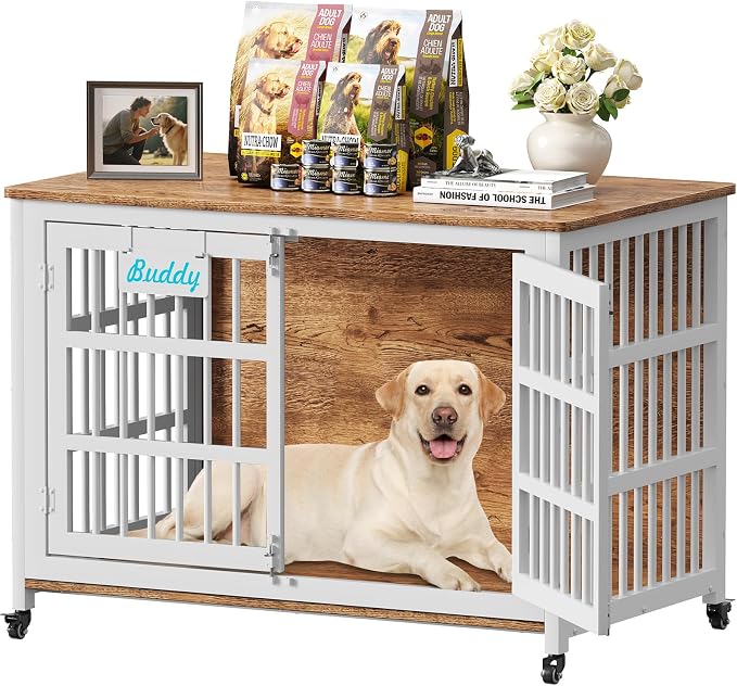 EasyCom 46"/42"/33" XXL Heavy Duty Dog Crate Furniture with Casters | Dog Kennel Indoor with Name Tag, Escape-Proof and Chew-Proof Dog Cage for Large High Anxiety Dog, as End Table