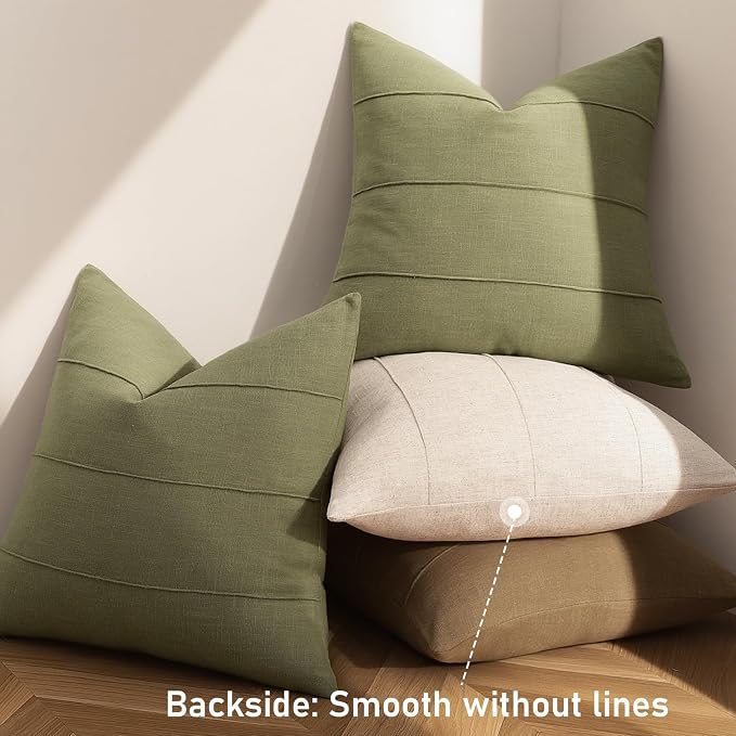 Christmas Linen Throw Pillow Covers 20x20 Set of 2 Solid Handcrafted Striped Cushion Covers for Bed Soft Xmas Decorative Pillow Covers for Couch Bedroom Living Room Christmas Decor(Olive Green)