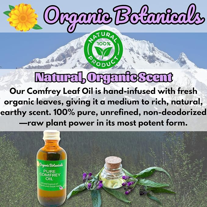 Pure Organic Comfrey Leaf Infused Oil - Skin Care for Joints, Back, Muscles, Fractures, Bruises, and Minor Wounds, Natural Herbal Body Massage Oil, Certified Organic (16 oz)