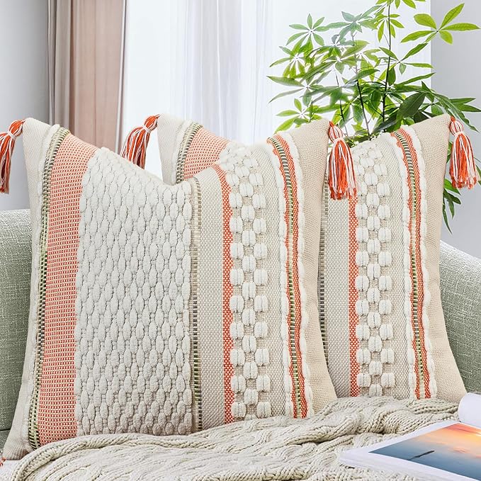 Set of 2 Chenille Striped Textured Boho Throw Pillow Covers Aesthetic with Tassels Woven Decorative Pillow Case for Couch Bed Sofa Bedroom Modern Funky 18 x 18-Inch White Orange