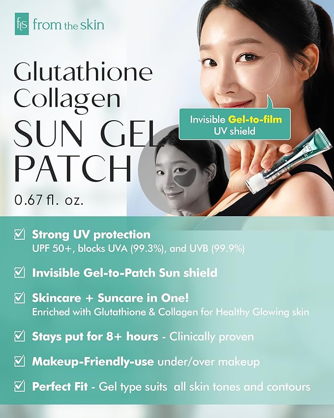 Glutathione Collagen Sun Gel Patch – Transparent Gel to High Adhesion Invisible UV Shade Patch - UVA/UVB Block for Outdoor Activities - For All Skin Types and Tones, 0.67 fl.oz.