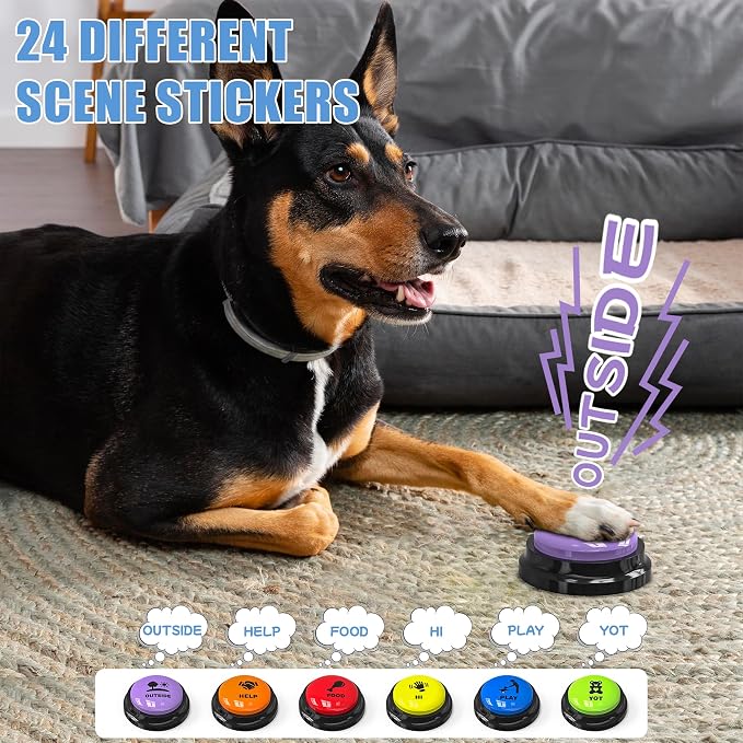 Dog Buttons for Communication 6 Pcs, 30s Recordable Dog Talking Buttons Starter Set with Anti-Slip Mat & 24 Scene Stickers, Pet Training Voice Buzzer