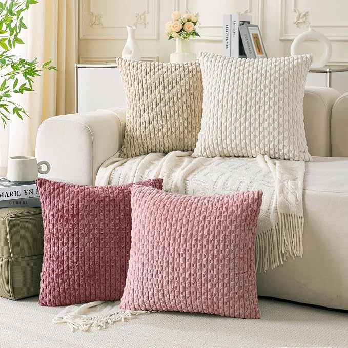 Set of 4 Pink Beige White Decorative Throw Pillow Covers 26x26 Inch Corduroy Pillow Covers for Bed Couch Sofa Living Room Soft Square Cushion Cases
