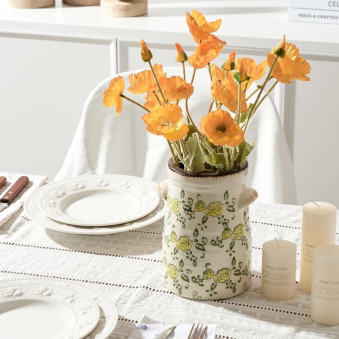 SIDUCAL Ceramic Rustic Vase with 2-Ear, 7.6 Inch Ice Cracked Vintage Pastoral Vase, Rustic Farmhouse Vases for Home Decor, Table, Living Room, Shelf Decor, Chinoiserie Decor, Yellow Rose Pattern