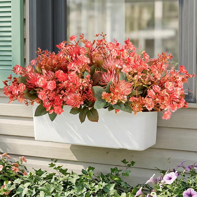 RM ROOMERS Artificial Flowers Plants for Outdoors, Fake Flowers Red Rose | Pink Chrysanthemum UV Resistant Faux Flower for Garden Porch Windowbox Front Door Yard, No Fade Home Vase Decor (4 Bundles)