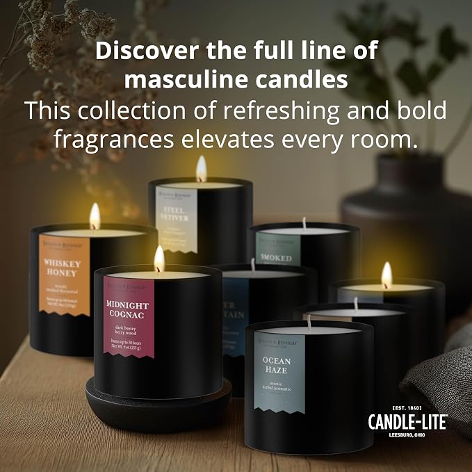 Candle-lite Rugged & Refined Scented Candle for Men, Midnight Cognac, 9 oz Tin, Poured in The USA, Masculine Fragrance, 1-Wick, 58 Hours of Burn Time, Ideal Gift for Man in Your Life & Father's Day
