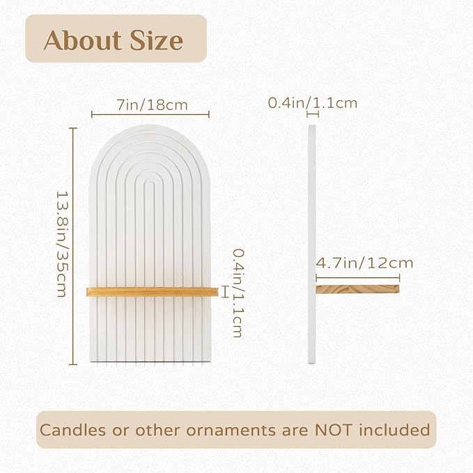 Boho Wall Candle Holder Set of 2 with White Arched 3D Design | Mid-century Candle Sconces, Soild Wood, Modern Minimalist, for Pillar, Plants, Bohemian Art Decor, Beside Fireplace and TV