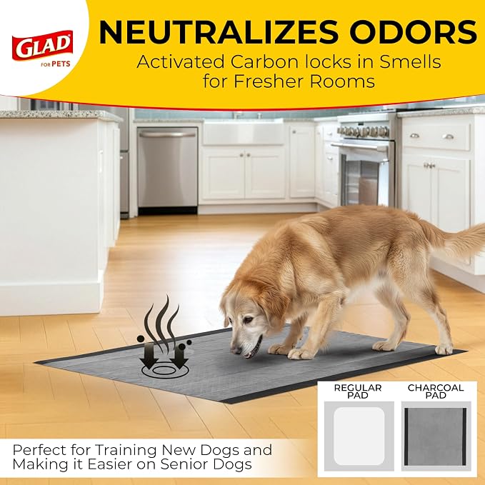 Glad for Pets XL Charcoal Training Pads for Dogs and Puppies, 50 Ct, 4-Pk | 6-layer, activated-carbon pads with pheromone attractant, leak-proof, extra-large 28 x 30 in coverage