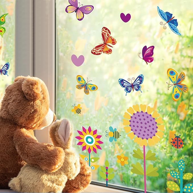 107PCS Spring, Summer & Fall/ Winter Window Clings - Spring Flowers, Butterfly & Others - Decals Sticker Set