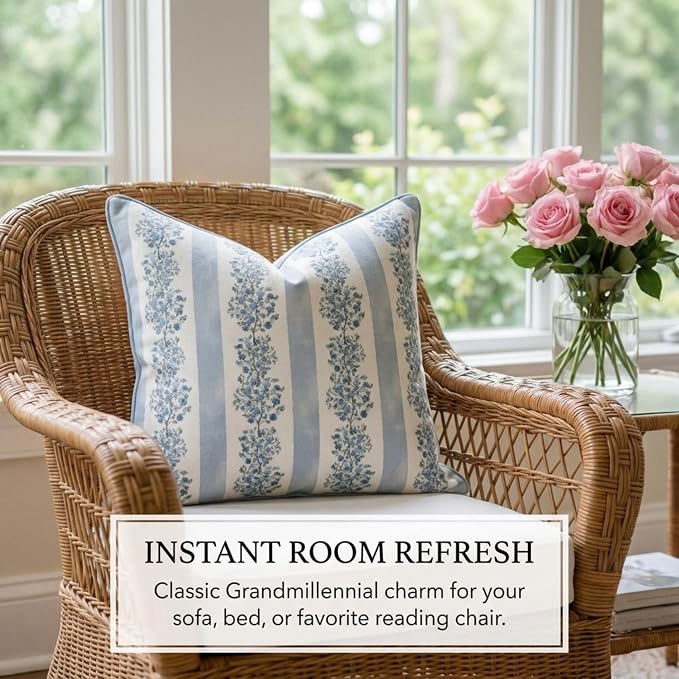 “The Juliet” Floral Block Print Pillow Cover – Soft Blue and Off-White Decorative Throw Pillow Cover – Grandmillennial Home Decor, 20" x 20"