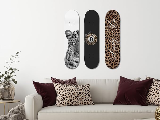 TwoDays Stockholm Cheetah Skateboard Wall Decor - Leopard Print Modern Style Wall Mount Art Set for Men's Apartment & Dorm, Cool Skate Deck, Trendy Skater Room Design (Set of 3)