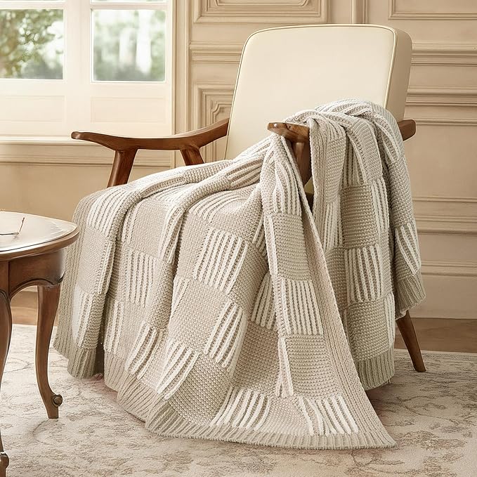 Knit Throw Blanket, Soft Chenille Cozy Breathable Dual Tone Checkered Chunky Decorative Blanket for Couch, Bed & Sofa, French Lightweight Warm Gift for Women, Beige, 60"x80"