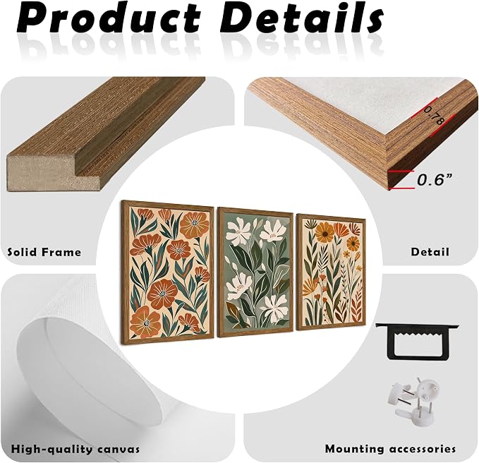 Urmoya 3 Pieces Boho Floral Decor Flower Market Wall Art, 20x30 Inch | Wood framed, Chic green and beige botanical trio, Ready to hang, for living room, Office, or guest bedroom home decor
