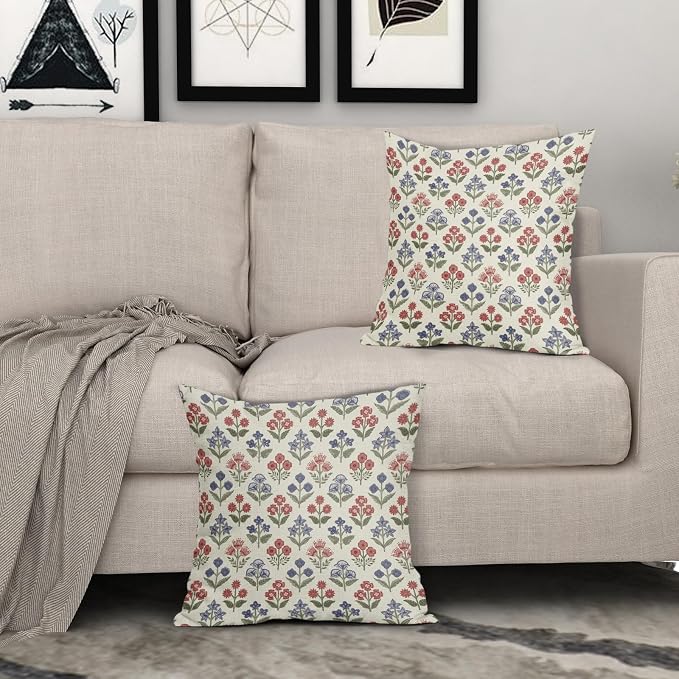4th of July Patriotic Floral Pillow Covers 22x22 Inch Set of 2, Navy Blue Red Green Flower Block Print Decorative Throw Pillowcases Outdoor Memorial Day Holiday Cushion Covers Sofa Couch Bed Decor
