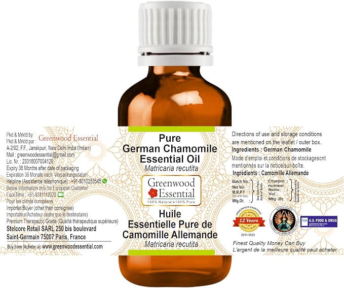 Greenwood Essential German Chamomile Essential Oil (Matricaria recutita) Pure | Non-Sticky | Non-Greasy | Lightweight | Men & Women | All Skin Types | Steam Distilled 2ml (0.06 oz)