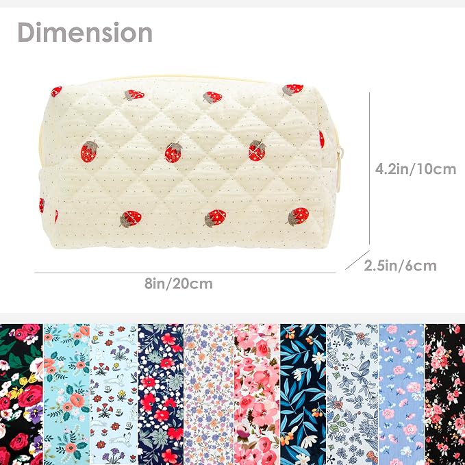 PAZIMIIK Small Quilted Makeup Bag,Zipper Cosmetic Pouch,Gauze Strawberry | Lightweight Cosmetic Bag Organizer for Women,Purse Storage Holds Makeup,Toiletries,Skincare,Beauty Essentials,Travel Items