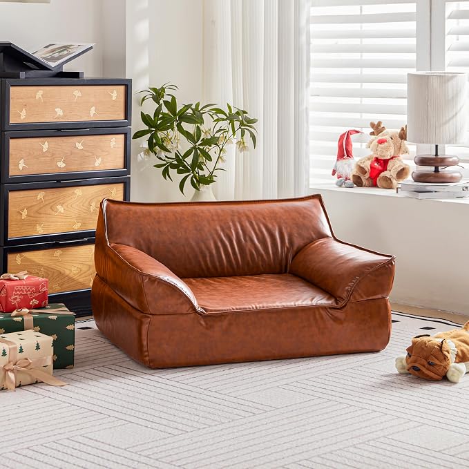 Dog Couch Bed Leather Cat Sofa for Small and Medium Pets Under 50 lbs | Brown Mid Century Modern Elevated Dog Sofa Chair, Luxurious Indoor Furniture Style Pet Supplies for Puppy