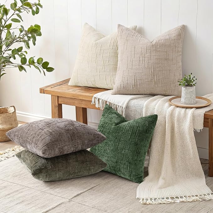 decorUhome Textured Chenille Throw Pillow Covers 20x20 Set of 2 Emerald | Fall Modern Farmhouse Soft Cozy Slubby Couch Pillow Cases Boho Decorative Pillow Cases for Bed Sofa Living Room Home Decor