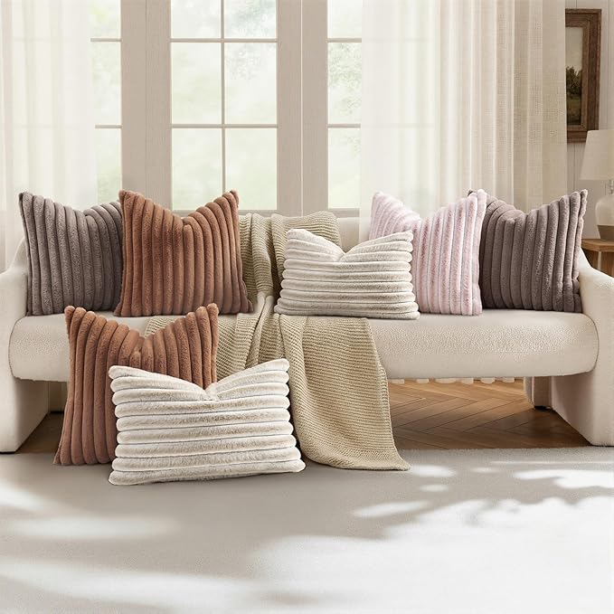 decorUhome Fall Faux Fur Throw Pillow Covers 24x24 Set of 2 Brown | Decorative Soft Cozy Striped Plush Modern Farmhouse Boho Couch Pillow Cases Velvet Back for Sofa Bed Living Room Home Decor