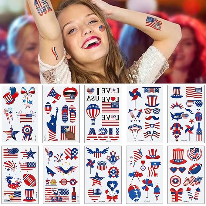 4th of July Temporary Tattoos, 90pcs American Flag Red White Blue Fake Tattoo Stickers, Independence Day Fourth of July Body Art USA National Memorial Decorations for Labor Day Party