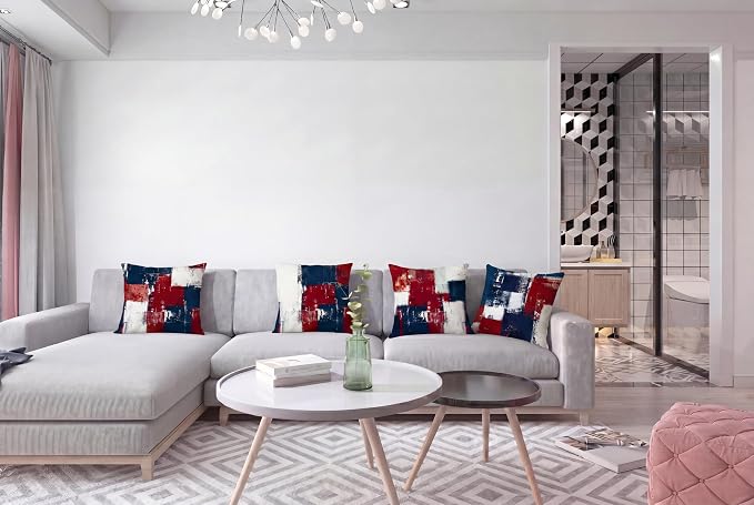 Throw Pillow Covers, Red White Blue Abstract, 18x18 | Red, Navy & White Patriotic Cushion Cases, 4th of July accent pillowcases for sofa, living‑room & porch