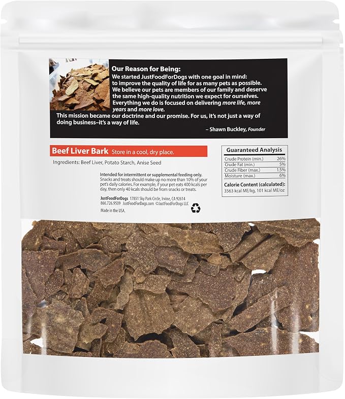 JustFoodForDogs Limited-Ingredient Beef Liver Healthy Dog Treats, Preservative-Free, Made in the USA, 5 oz | Human Grade Beef Treats for Dogs, Jerky Dog Treats, Preservative & Rawhide Zree Chews, Low Calorie Beef Liver Bark, 05Oz