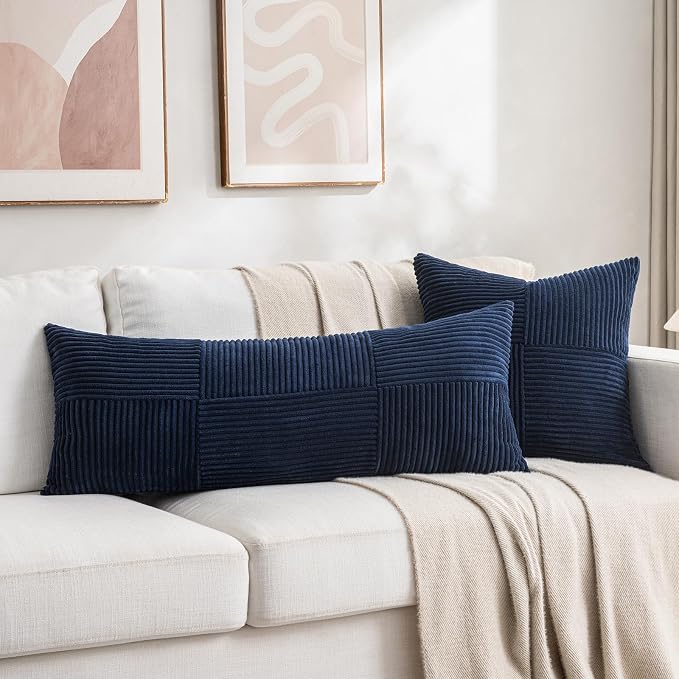 Fancy Homi Set of 1 Navy Blue Boho Long Lumbar Body Decorative Throw Pillow Cover 21x54 Inch for Bed Couch Bedroom Bench, Soft Patchwork Corduroy Textured Pillow Case, Rustic Farmhouse Room Decor