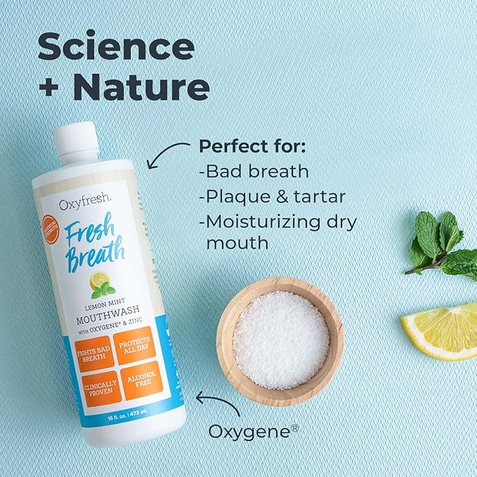 Oxyfresh Lemon Mint Fresh Breath Mouthwash – Bad Breath Treatment – SLS & Fluoride Free – Alcohol Free, Gentle Nonburning with Xylitol & Essential Oils – 16 Fl Oz (Pack of 3)