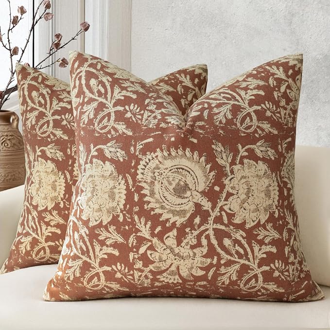 Fall Pillow Covers 18x18 Set of 2 Printed Floral Throw Pillows Farmhouse Pillow Cases Vintage Decorative Cushion Covers Fall Decorations for Couch Sofa Chair Bed Living Room, Rust
