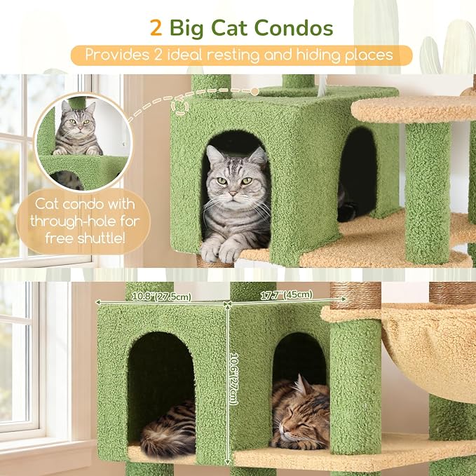 Globlazer Extra Large Cactus Cat Tree Tower, 82in Tall Heavy Duty Cat Tree for Indoor Cats Large Adult Big Cat Tower with 8 Scratching Posts, 2 Cat Condos, 2 Top Perches, 3 Hanging Baskets, S82, Green