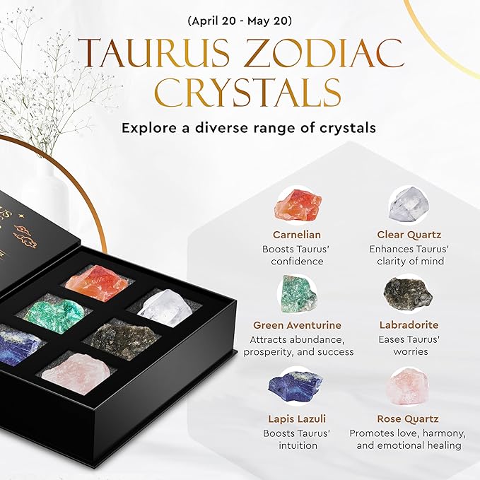 Wyspell Taurus Crystal Set - 6 Raw Taurus Crystals and Healing Stones - Zodiac Gifts for Women - Birthday Gifts for Women - Astrology Gifts for Women - Zodiac Crystal Set