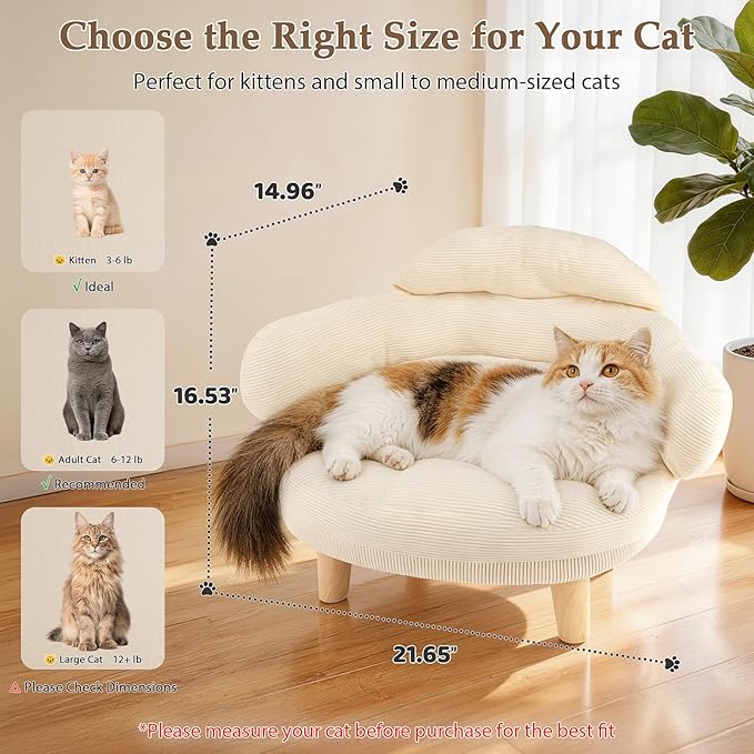 White Cat Sofa Bed, Furniture Style Pet Couch with Pine Wood Legs | Removable Cotton Velvet Cover, Cozy Cushion Design, Stylish Home Décor Pet Furniture for Cats and Small Dogs